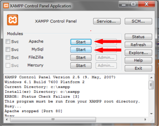 XAMPP, starten der Server